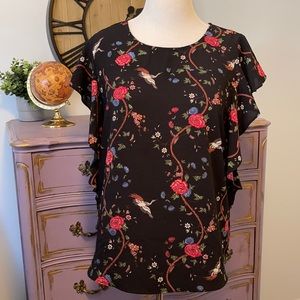 Bobeau black floral ruffle tank top